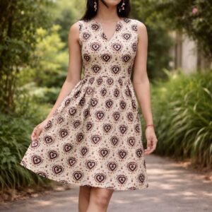 Beige Heart Print Sleeveless A-Line Dress