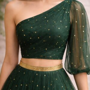 Emerald One-Shoulder Western Lehenga Set